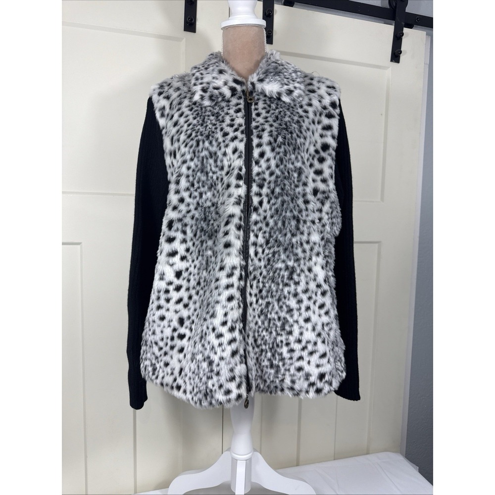 Essentials by Milano Womens 1X Jacket Dalmation Leopard Faux Fur Zip Up‎ Coat
